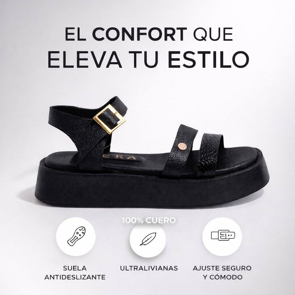 sandalia cuero plataforma doble tira hebilla